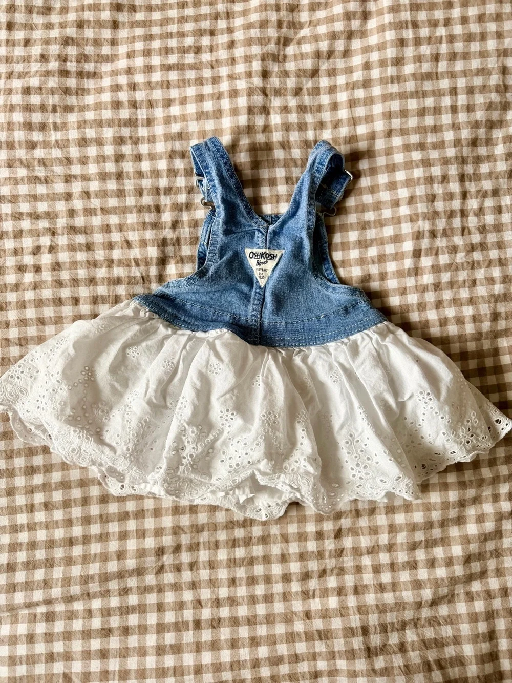 OshKosh B'gosh Blue Denim Bib Dress with White Eyelet Skirt